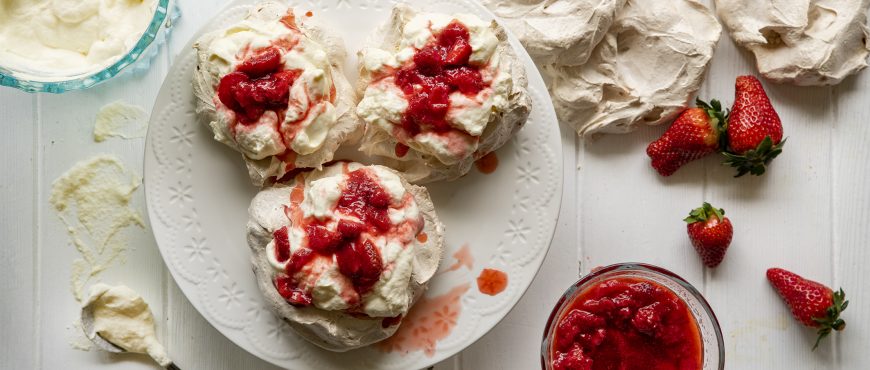 Strawberry Mini Pavs, with Cream and Strawberry compote