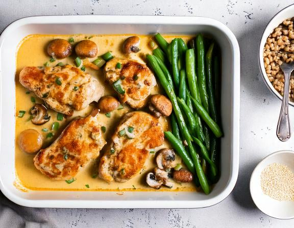 Creamy Pork Stroganoff Tray Bake